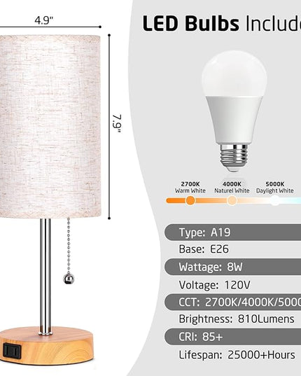Set of 2 Table Lamps for Bedroom, 2700K/4000K/5000K Bedside Lamp Nightstand Lamp with Pull Chain and AC Outlet, Table Lamp for Living Room Reading Kids Room Wood Grain (8W LED Bulbs Included). - LeafyLoom