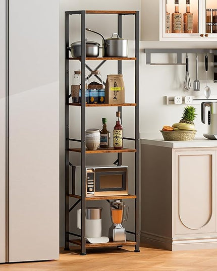 Furologee 6 Tier Tall Bookshelf, Industrial Narrow Bookcase, Display Standing Shelf Units, Metal and Wood Storage Rack Organizer for Living Room, Home Office, Entryway, Kitchen, Rustic Brown - LeafyLoom