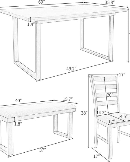 6-Piece Solid Wood Dinette Sets includes Kitchen Dining Table, 4 Upholstered Chairs & Bench, for Diningroom Living Room, Easy to Assemble, Gray 3 - LeafyLoom