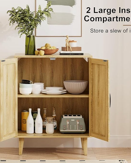 Rattan Decorated Buffet Cabinet - 2 Doors Simple Style Storage Cabinet, Shoe Cabinet with Adjustable Shelves, Sideboard for Kitchen, Living Room, Hallway, Entryway (Natural Wood) - LeafyLoom