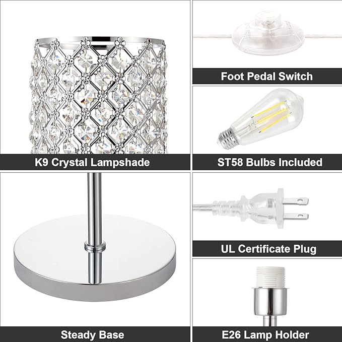 Crystal Floor Lamp with Bulb for Girls Bedroom Silver, Living Room, Modern Tall Glam Minimalism Pole Corner Standing Light for office, Dorm Hotel - LeafyLoom