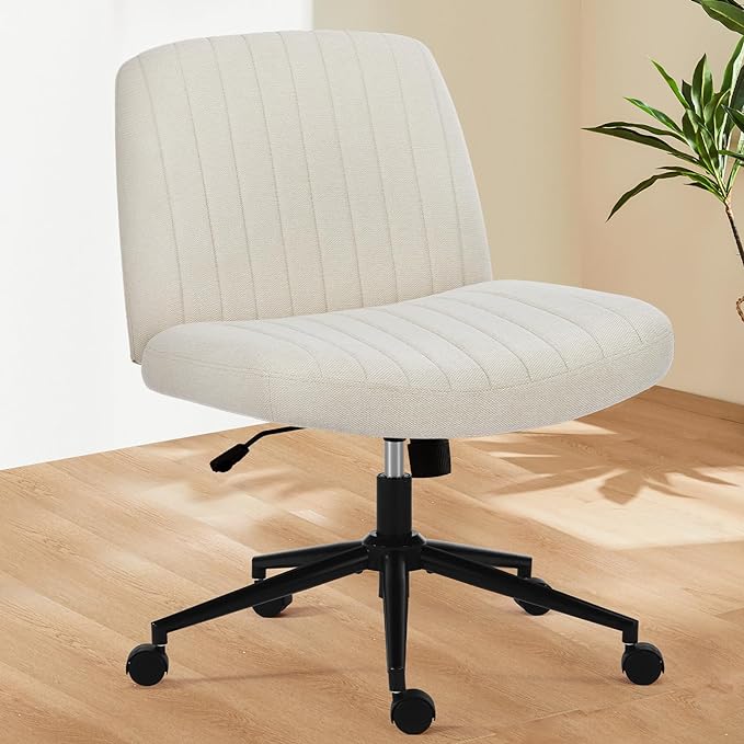 Sweetcrispy Criss Cross Office Chair with Wheels, Wide Armless Home Office Desk Chair with Dual-Purpose Base, Swivel Adjustable Fabric Task Vanity Computer Chair, Beige - LeafyLoom