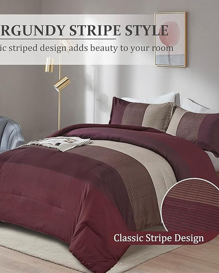 WONGS BEDDING Burgundy Comforter Set Queen, Reversible Burgundy Stripe Down Alternative Comforter for All Season,3 Pieces(1 Comforter+2 Pillowcases), Soft Microfiber Bedding Duvet Set 90”×90” - LeafyLoom
