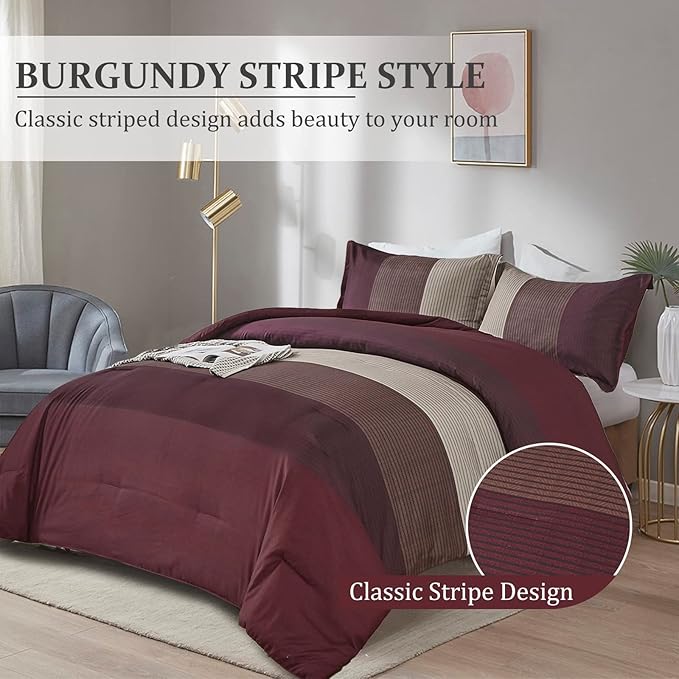WONGS BEDDING Burgundy Comforter Set Queen, Reversible Burgundy Stripe Down Alternative Comforter for All Season,3 Pieces(1 Comforter+2 Pillowcases), Soft Microfiber Bedding Duvet Set 90”×90” - LeafyLoom
