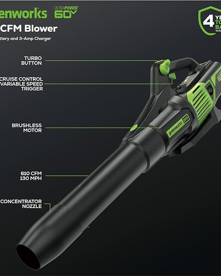 Greenworks 60V 610 CFM Cordless Leaf Blower, 2.5 Ah Battery and Rapid Charger - LeafyLoom