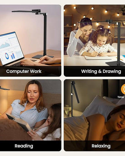 LED Desk Lamp, Newest Hand-Sweep Sensor Desk Lamps for Home Office, Double Head Architect lamp with Type-C & USB Charger, 24W Dimmable Smart Light with Timer, Black - LeafyLoom