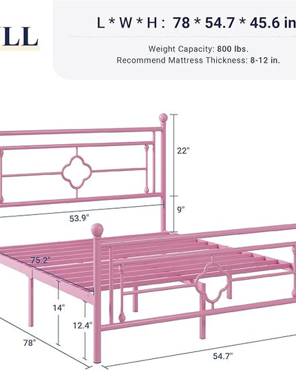 Allewie Full Size Metal Platform Bed Frame with Victorian Vintage Headboard and Footboard/Mattress Foundation/Under Bed Storage/No Box Spring Needed/Noise-Free/Easy Assembly, Pink - LeafyLoom