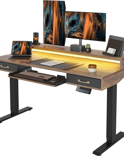 FEZIBO 55 x 24 Inch Height Adjustable Electric Standing Desk with Double Drawers&Keyboard Tray, Stand Up Desk with LED Strips, Sit Stand Desk with Monitor Stand, Rustic Brown - LeafyLoom