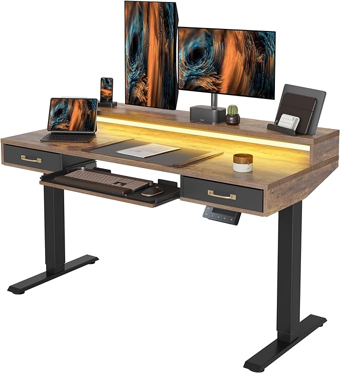 FEZIBO 55 x 24 Inch Height Adjustable Electric Standing Desk with Double Drawers&Keyboard Tray, Stand Up Desk with LED Strips, Sit Stand Desk with Monitor Stand, Rustic Brown - LeafyLoom