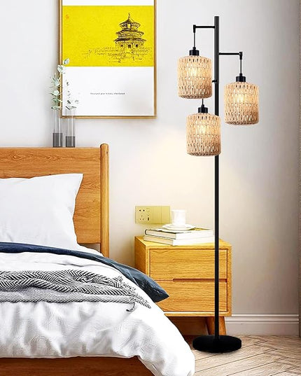 Floor Lamp for Living Room,Bedroom,3-Lights Boho Rattan Tree Floor Lights,Industrial Black Farmhouse Standing Lamp Wicker Rustic Tall Lamp,Woven Bamboo LampShade Floor Lamps Bohemian - LeafyLoom