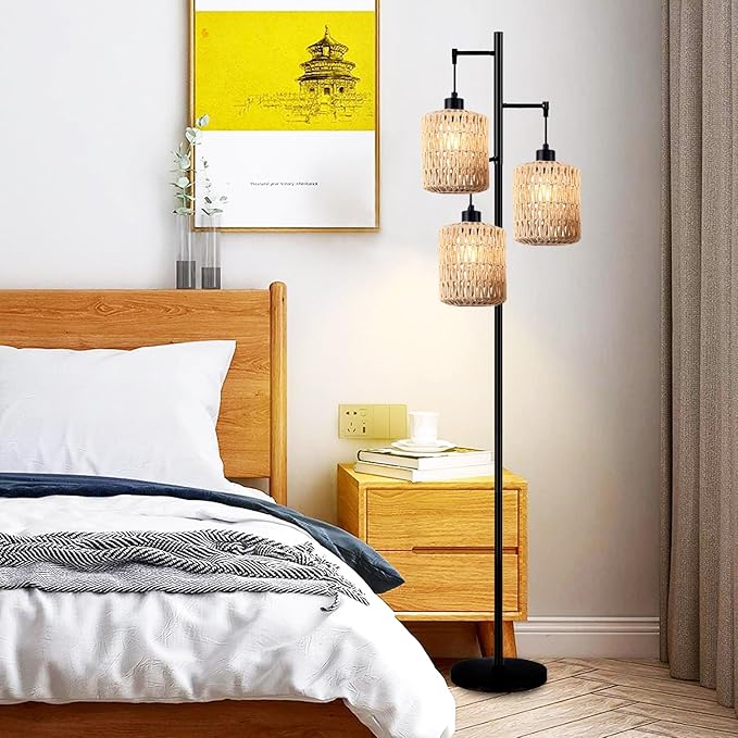 Floor Lamp for Living Room,Bedroom,3-Lights Boho Rattan Tree Floor Lights,Industrial Black Farmhouse Standing Lamp Wicker Rustic Tall Lamp,Woven Bamboo LampShade Floor Lamps Bohemian - LeafyLoom