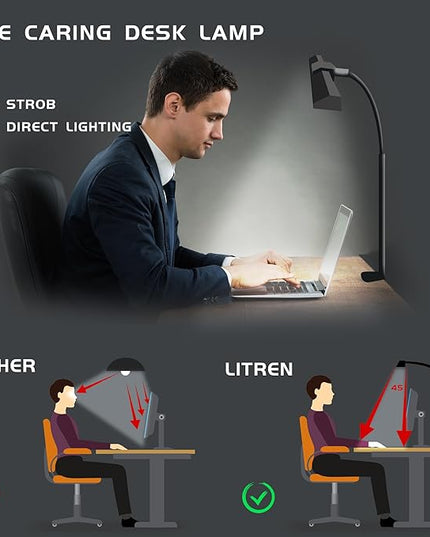 LED Desk Lamps for Home Office Eye-Caring Architect Lamp with Clamp 3 Colors 10 Brightness Adjustable Gooseneck Table Light with Key Control Workbench LED Reading Lamp [with Adatper] - LeafyLoom