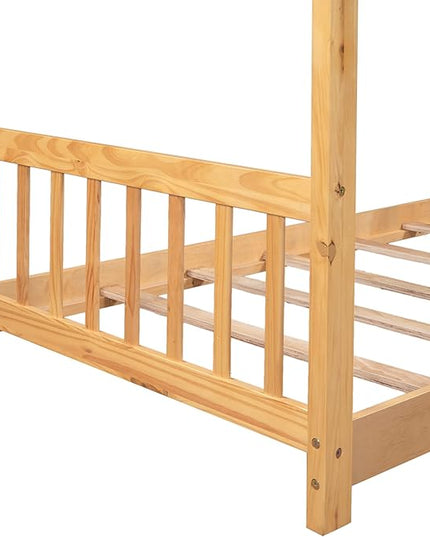 Montessori Floor Bed Frame Twin Size, Twin Floor Bed with Headboard and Footboard, Low House Bed for Girls, Kids, Boys, No Box Spring Needed, Natural Montessori Bed Twin Size - LeafyLoom