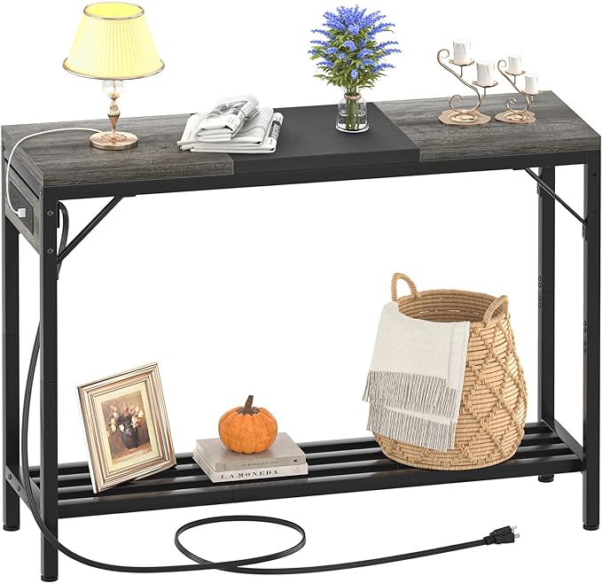 Narrow Console Table with Power Strips, Sofa Table with Storage Shelves for Living Room, 2-Tier Foyer Table for Entryway, Hallway, Behind Couch, Kitchen Counter, 39'', Grey Oak & Black - LeafyLoom