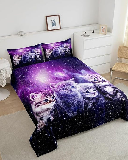 Cat Comforter Cute Pet Cats Pattern Bedding Set Outer Space Kawaii Kitten Comforter Set for Children Kids Boys Girls Cartoon 3D Animal Theme Galaxy Duvet Set Purple Room Decor Quilt Set Queen Size - LeafyLoom