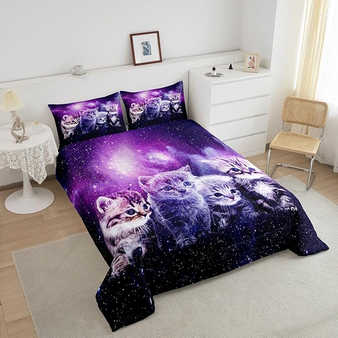 Cat Comforter Cute Pet Cats Pattern Bedding Set Outer Space Kawaii Kitten Comforter Set for Children Kids Boys Girls Cartoon 3D Animal Theme Galaxy Duvet Set Purple Room Decor Quilt Set Queen Size - LeafyLoom