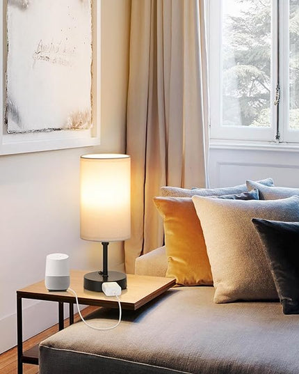 GGOYING Bedside Table Lamp,3-Color Temperature Table Lamp with 2700K/3500K/5000K LED Bulb and AC Outlet, Small Lamp with Round White Fabric Shade for Bedroom - LeafyLoom