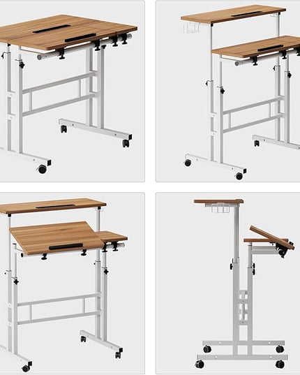 soges Rolling Standing Desk, Height Adjustable Home Office Desk, Mobile Sit-Stand Laptop Desk with Cup Holder and Hook, Portable Desk with Wheels, Oak - LeafyLoom