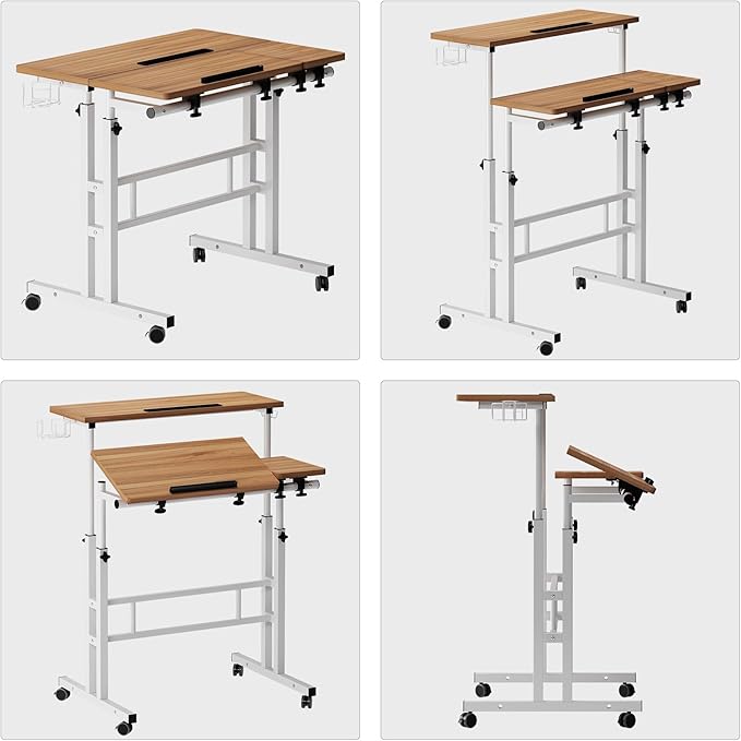 soges Rolling Standing Desk, Height Adjustable Home Office Desk, Mobile Sit-Stand Laptop Desk with Cup Holder and Hook, Portable Desk with Wheels, Oak - LeafyLoom