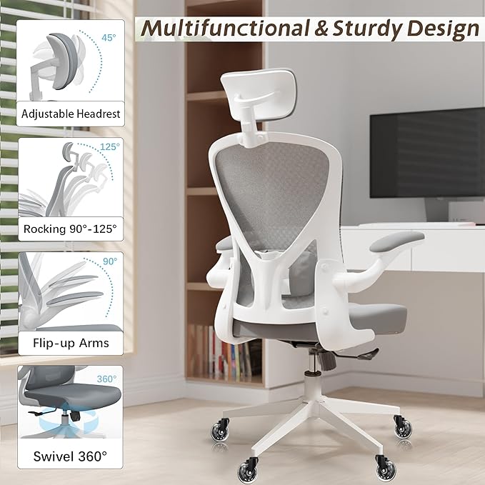 Ergonomic Desk Chair with 300LBS Capacity,Adjustable Headrest,Lumbar Support,and Breathable Mesh Back - Perfect for Home Office,Study,and Gaming (Grey) - LeafyLoom