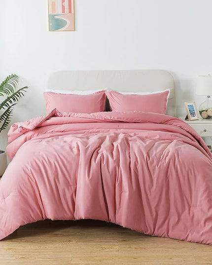 Pink Comforter Set Twin Size, Solid Blush Women Girls Pink Down Alternative Boho Bedding Comforter Set, Breathable Fluffy Microfiber Comforter (68"x90") for All Seasons with Pillowcase - LeafyLoom