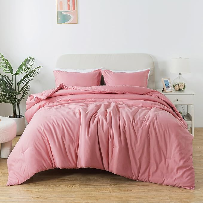 Queen Pink Comforter Set, Blush Women Girls Pink Skin-Friendly Boho Bedding Set & Collections, Breathable Fluffy Microfiber 3 PCS (90"x90") Comforter Set for All Seasons with Pillowcases - LeafyLoom