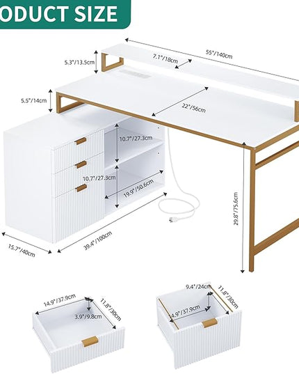 YITAHOME L Shaped Desk with Drawers, 55" Corner Computer Desk with Power Outlets & LED Lights, Large L-Shaped Office Desk with File Cabinet, White & Gold - LeafyLoom