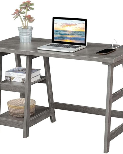 Convenience Concepts Designs2Go Trestle Desk with Charging Station and Shelves, Charcoal Gray - LeafyLoom