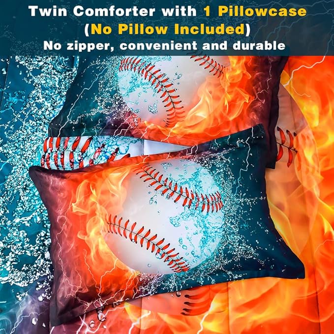 Andency 3D Baseball Comforter Twin(66x90 Inch), 2 Pieces(1 Baseball Comforter, 1 Pillowcase) Sport Microfiber Baseball Comforter Bedding Set for Boy Kids - LeafyLoom