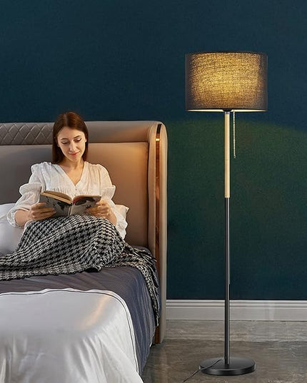 Modern Floor Lamp for Living Room Traditional Farmhouse Floor Lamps Mid-Century Pole Lamp with Linen Lamp Shade, Standing Tall Floor Lamps for Bedrooms and Office (Black) - LeafyLoom