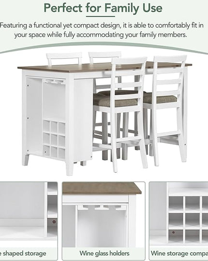 5 Piece Multi-Functional Rubber Wood Counter Height Dining Table Set with Padded Chairs and Integrated 9 Bar Compartment, Wine Glass Holders for Kitchen, Living Room, Brown+White-1 - LeafyLoom