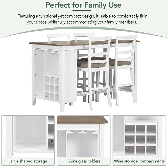 5 Piece Multi-Functional Rubber Wood Counter Height Dining Table Set with Padded Chairs and Integrated 9 Bar Compartment, Wine Glass Holders for Kitchen, Living Room, Brown+White-1 - LeafyLoom