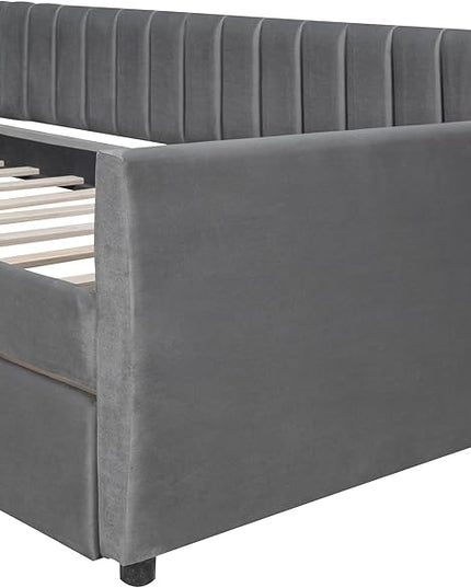 Velvet Upholstered Twin Daybed with Two Storage Drawers, Solid Wooden Bed Frame w/Vertical Stripes Designed Backrest and Pine Legs, Space-Saving Design - LeafyLoom