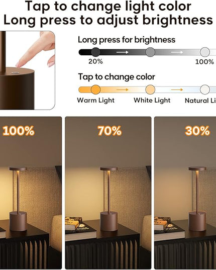 Cordless Table Lamp Rechargeable, 10.25in Portable Battery Operated Powered Desk Lamps 3 Colors Stepless Dimmable Night Lights for Outdoor Dining Restaurant Bar Garden Patio Living Room-Moka - LeafyLoom