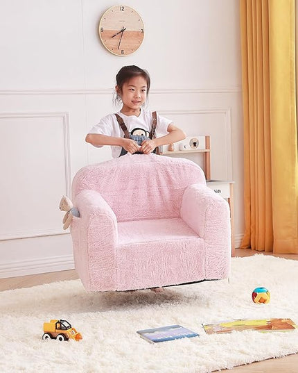 Tiita Toddler Chair Couch, Comfy Fold Out Kids Sofa, Lightweight Children Couch with Carrying Handle & Side Pockets, Kids Foam Armrest Read Sofa for Girl or Boy, Pink - LeafyLoom