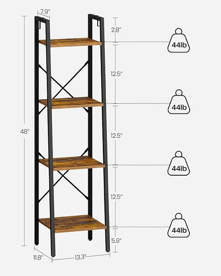 Ladder Shelf, Bookshelf Bookcase, Freestanding Corner Storage Shelve with 2 Hooks for Home Office, Living Room, Kitchen, Bedroom, Industrial, 4-Tier Rustic Brown BC13201B - LeafyLoom