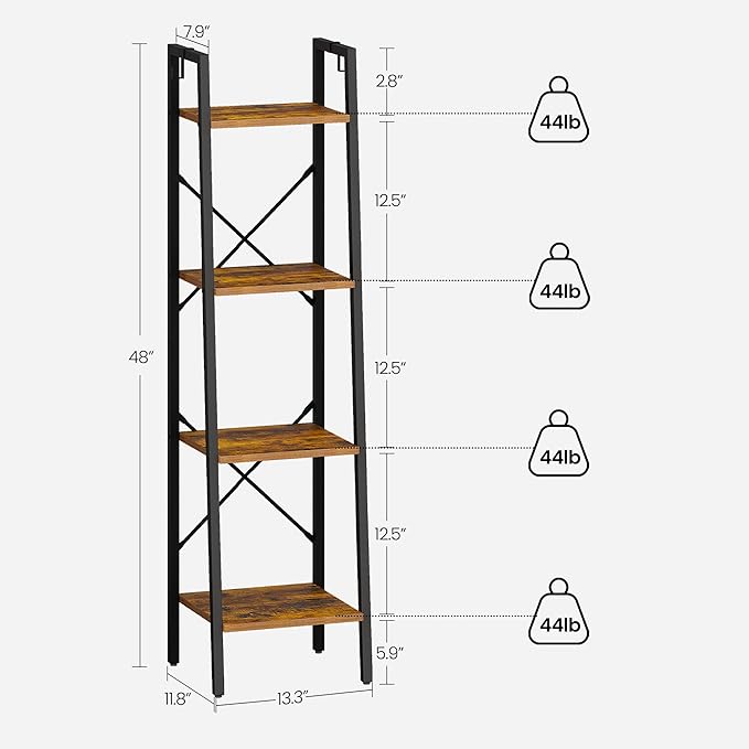 Ladder Shelf, Bookshelf Bookcase, Freestanding Corner Storage Shelve with 2 Hooks for Home Office, Living Room, Kitchen, Bedroom, Industrial, 4-Tier Rustic Brown BC13201B - LeafyLoom