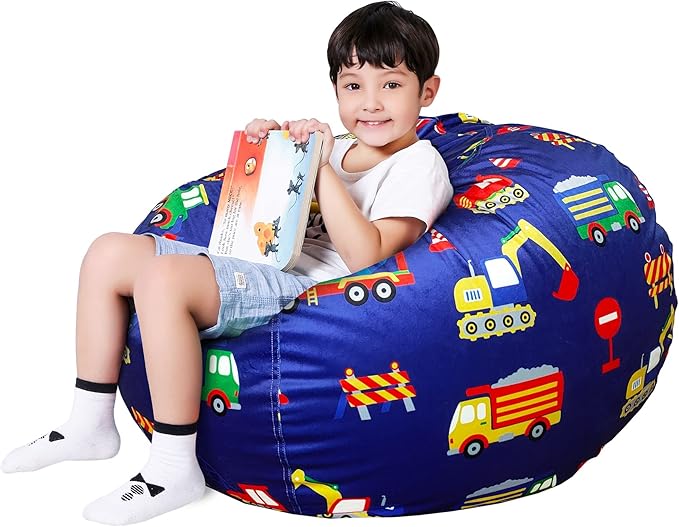 Lukeight Stuffed Animal Storage Bean Bag Chair Cover for Kids, Zipper Beanbag Chair Cover for Organizing Toddler & Kids' Rooms Plush Toys (Excavator Velvet, X-Large) - LeafyLoom