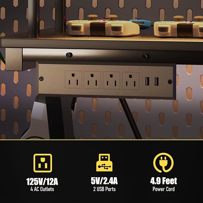 Gaming Desk with Power Outlets & Music Strip Lights,Computer Desk with Large Monitor Stand, PC Laptop Table for Small Spaces, Gamer Workstation with Cup Holder, Headphone Hook for Home Office - LeafyLoom