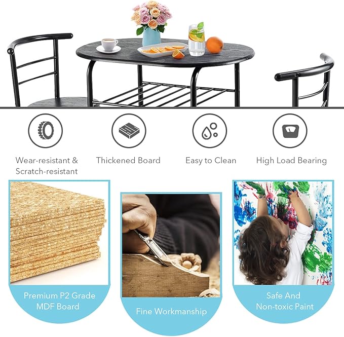 LUARANE 3 Piece Dining Table Set, Small Dining Table for 2 w/Metal Frame & Wine Rack, Breakfast Nook Table Set for Home Bistro Pub Apartment Kitchen Dining Room Cafe (Black) - LeafyLoom