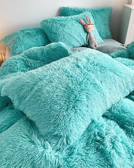 Faux Fur Kids Girls Sky Blue Comforter Sets Queen - 3PC Bed Set Warm Comfortable Soft Plush Flannel Velvet Fluffy Fuzzy Bedding（Comforter x 1 Pillowcases x 2） - LeafyLoom