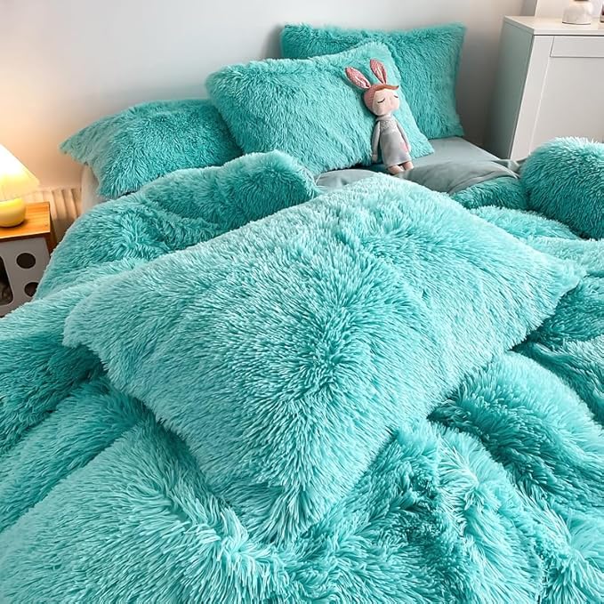 Faux Fur Kids Girls Sky Blue Comforter Sets Queen - 3PC Bed Set Warm Comfortable Soft Plush Flannel Velvet Fluffy Fuzzy Bedding（Comforter x 1 Pillowcases x 2） - LeafyLoom