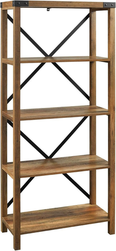 Walker Edison Andersen Urban Industrial Metal X Back 4 tier Bookshelf, 64 Inch, Rustic Oak - LeafyLoom