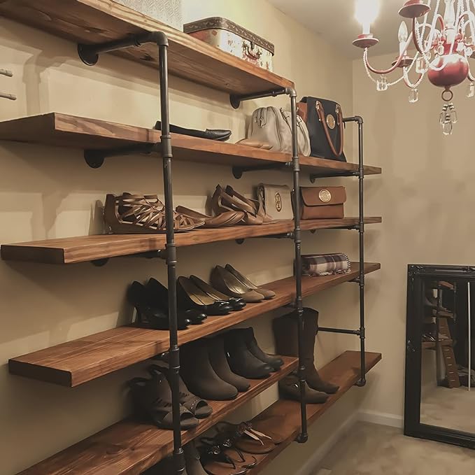 HITOMEN Industrial Iron Pipe Shelves, 3 Set 4-Tier, 42" Tall, 12" Depth, DIY Open Bookshelf Bookcase, Wall Mounted Vintage Retro Shelving, Rustic Farmhouse Pantry Kitchen Storage, Black Shelf Brackets - LeafyLoom