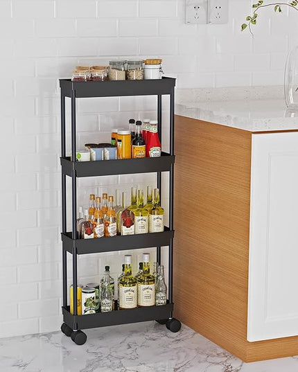Sooyee 4 Tier Slim Storage Cart,Rolling Storage Cart,Narrow Shelf,Bathroom Rack,Mobile Shelving Unit Organizer for Kitchen, Bathroom, Laundry Room, Black - LeafyLoom