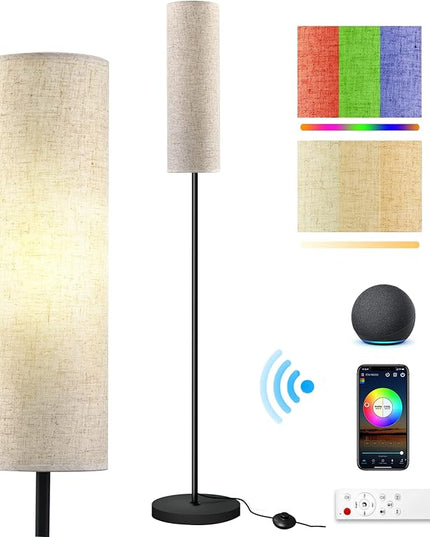 RGB Floor Lamp LED Smart: Standing Lamp Work with Alexa & Google Home | Tall Modern Bright Corner Lamps with Remote & WiFi APP for Living Room Bedroom Office Dorm, Simple Linen Lampshade Dimming Light - LeafyLoom