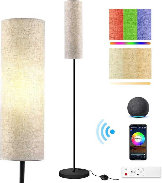 RGB Floor Lamp LED Smart: Standing Lamp Work with Alexa & Google Home | Tall Modern Bright Corner Lamps with Remote & WiFi APP for Living Room Bedroom Office Dorm, Simple Linen Lampshade Dimming Light - LeafyLoom