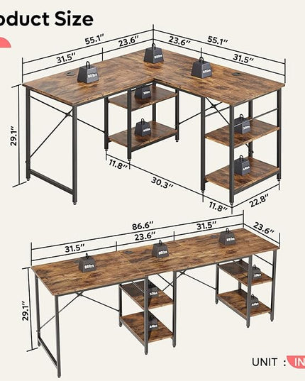 Bestier L Shaped Desk with Shelves 86.6 Inch Reversible Corner Computer Desk or 2 Person Long Table for Home Office Large Gaming Writing Storage Workstation P2 Board with 3 Cable Holes, Rustic Brown - LeafyLoom