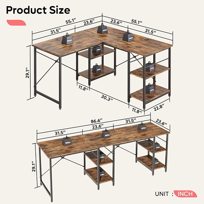 Bestier L Shaped Desk with Shelves 86.6 Inch Reversible Corner Computer Desk or 2 Person Long Table for Home Office Large Gaming Writing Storage Workstation P2 Board with 3 Cable Holes, Rustic Brown - LeafyLoom