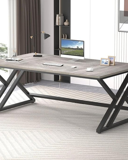 LVB 70.8" Long Office Desk, Modern Large Wood Metal Computer Desk, Industrial Double Workstation Desk for Two People, Rustic PC Executive Work Study Writing Computer Table for Home, Light Grey Oak - LeafyLoom